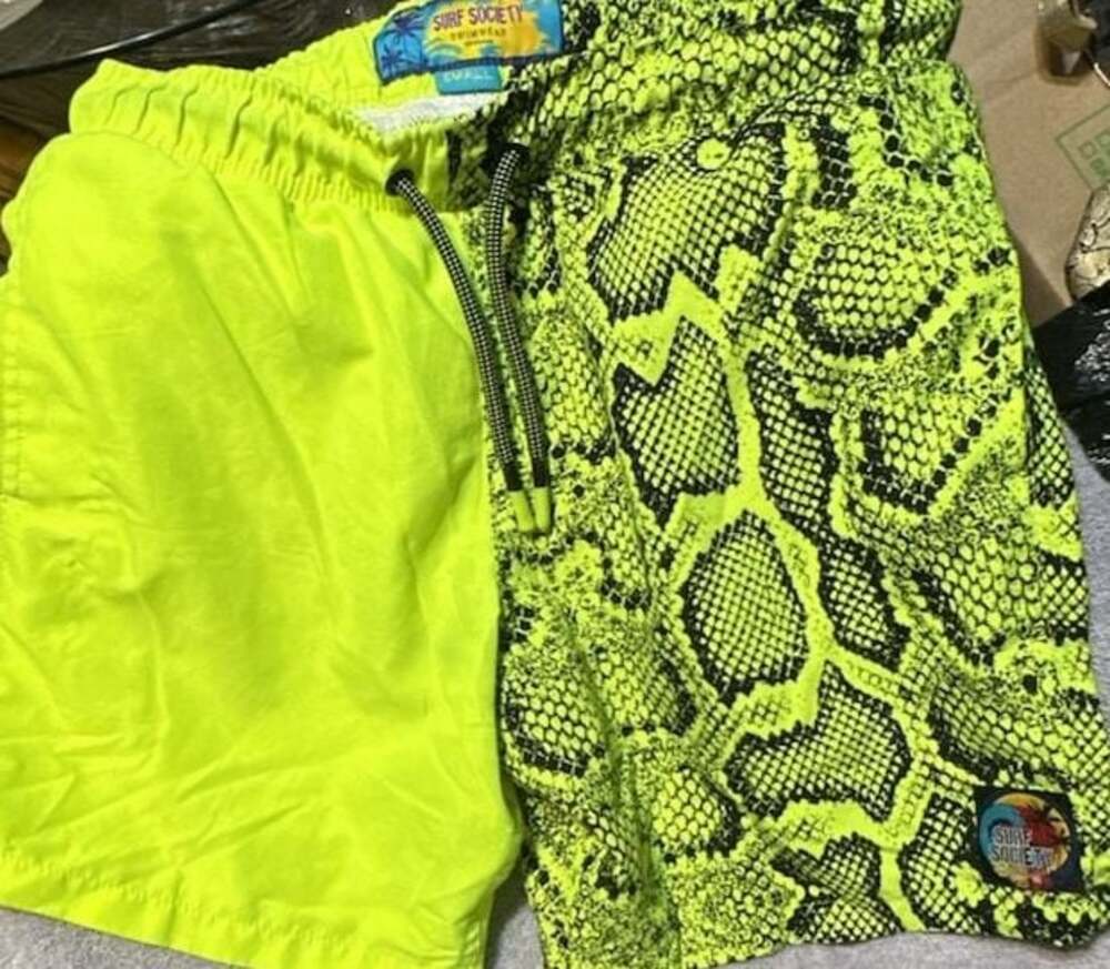 Surf Society Neon Green Snakeskin Print Swim Trunks